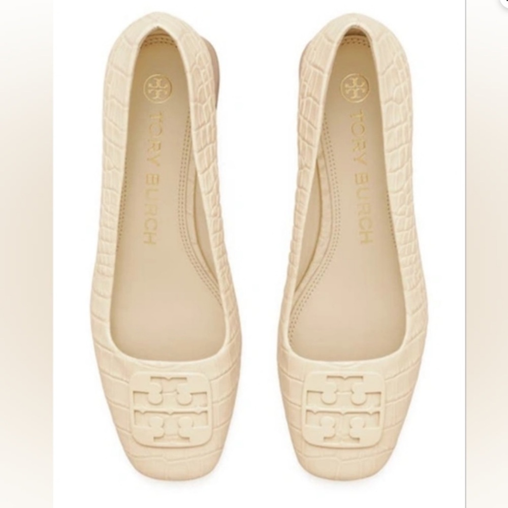 TORY BURCH Georgia Square Toe Block Heel Pump Cream  Croc Embossed Leather